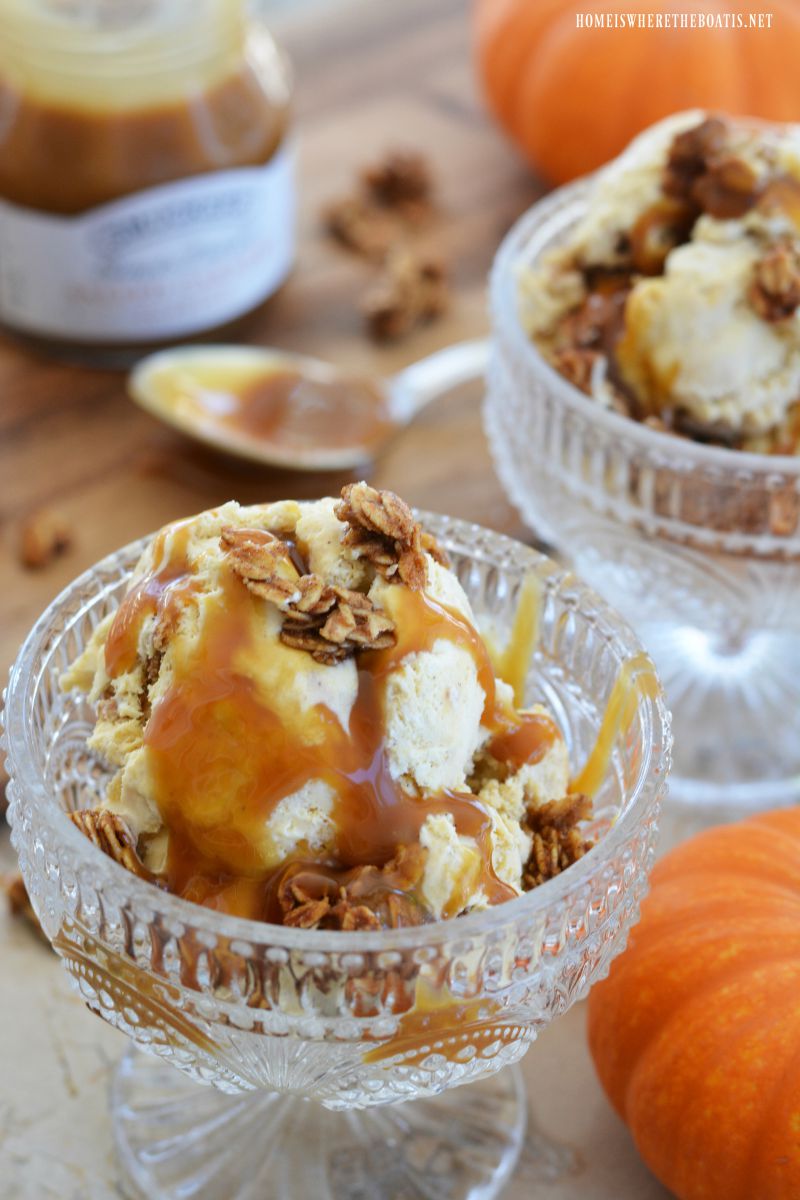 Pumpkin Spice No-Churn Ice Cream with Pumpkin Granola and Caramel&nbsp;Sauce