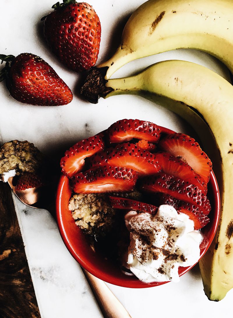 “Bread-less” Banana Strawberry Breakfast Bread Pudding: Eggs, Bananas, Cinnamon, Vanilla Extract, Baking Powder, Fresh Strawberries and Whipped&nbsp;Cream