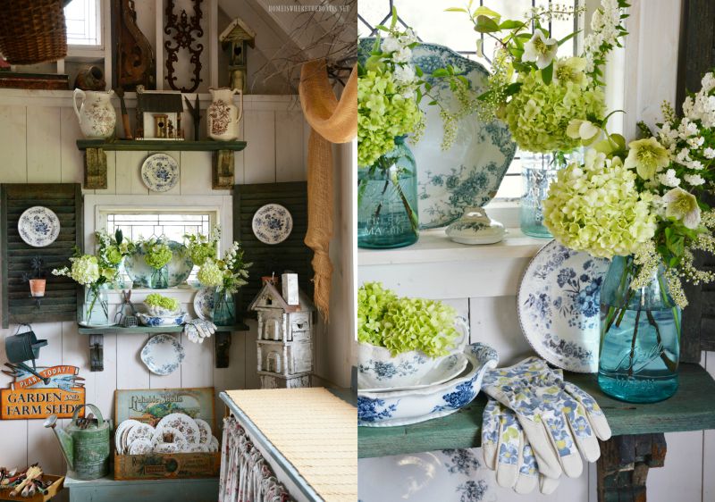 Floral Friday: Ball Jar Bouquets and Transferware in the Potting Shed — Home is Where the Boat&nbsp;Is