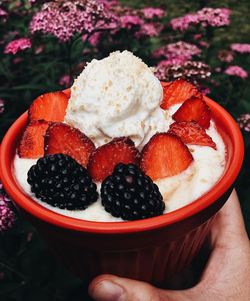 Refreshing Guava, Pineapple & Mango Soft Serve: Fresh Guava, Frozen Pineapple & Mango and Milk, Topped with Isigny Sainte-Mère Whipped Cream, Cinnamon Sugar, Sliced Strawberries and Blackberries — The&nbsp;Kitchenologist©