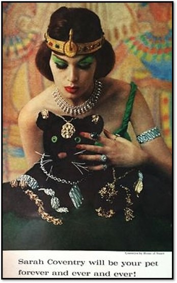 1961 ad for Sarah Coventry costume jewelry, featuring Egyptian theme